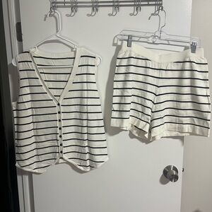 Striped Knit Button Up Vest and Shorts Set - White & Black